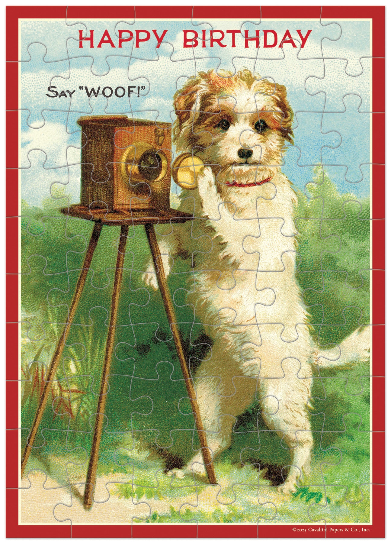 Vintage-style birthday card in a puzzle form with a dog and camera and Happy Birthday greeting.