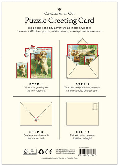 Cavallini & Co. Puzzle Greeting Card packaging with step-by-step instructions on a white background.