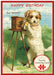 Vintage-style puzzle greeting card with a dog and camera, featuring the text 'Happy Birthday Say Woof!'.