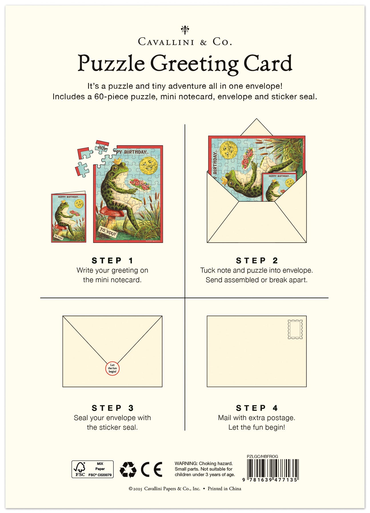 Cavallini & Co. Happy Birthday Frog Puzzle Greeting Card
- BACK OF PACKAGING- Instructions for using a Cavallini & Co. puzzle greeting card with illustrations of a frog and turtle.