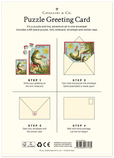 Cavallini & Co. Happy Birthday Frog Puzzle Greeting Card
- BACK OF PACKAGING- Instructions for using a Cavallini & Co. puzzle greeting card with illustrations of a frog and turtle.