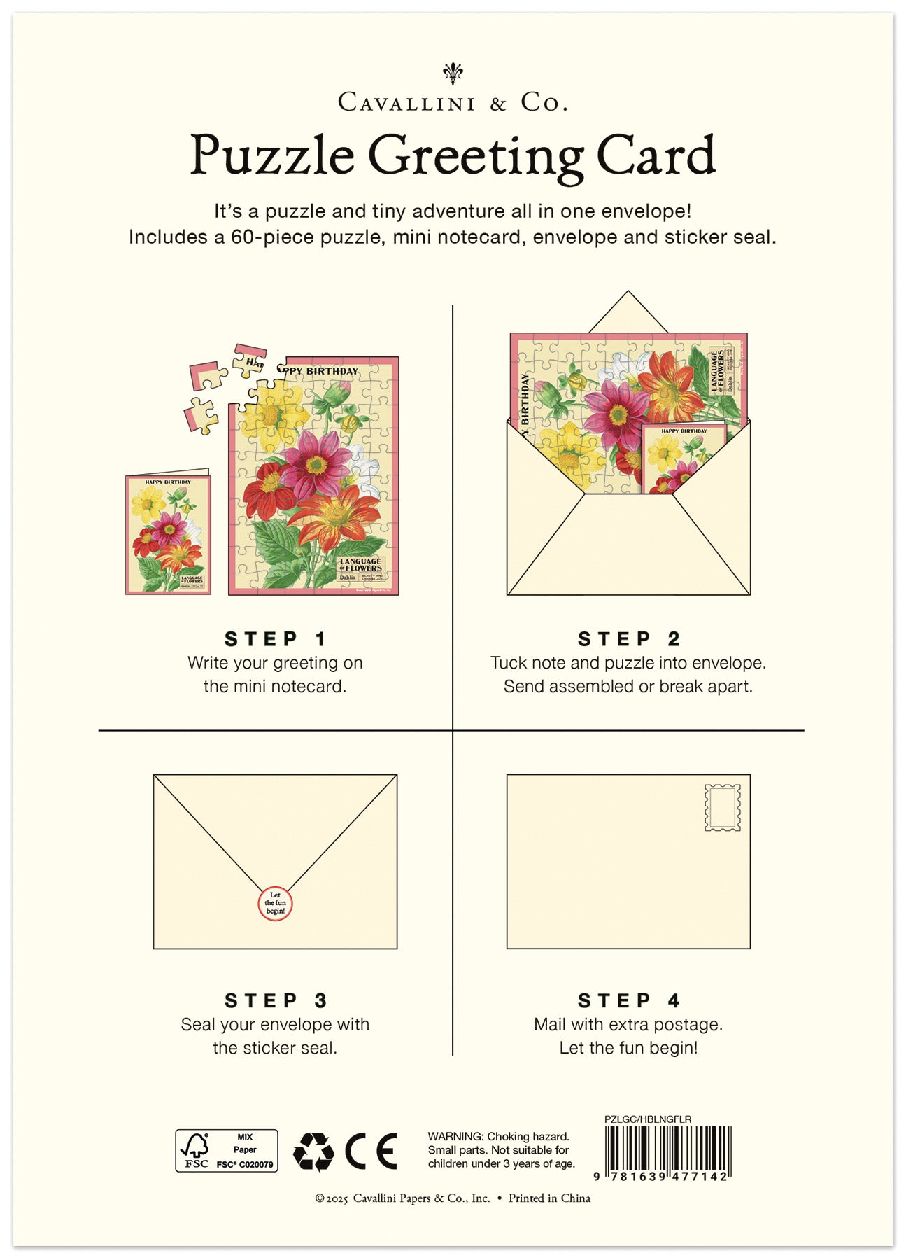 Cavallini & Co. Puzzle Greeting Card packaging with step-by-step instructions on a white background