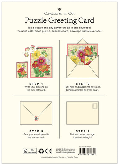 Cavallini & Co. Puzzle Greeting Card packaging with step-by-step instructions on a white background