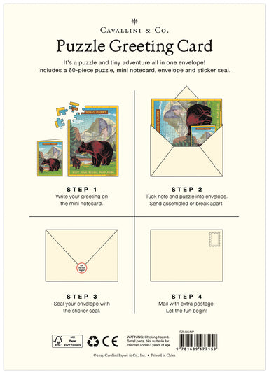Cavallini & Co. Puzzle Greeting Card packaging with instructions and illustrations of a bear-themed puzzle and envelope.