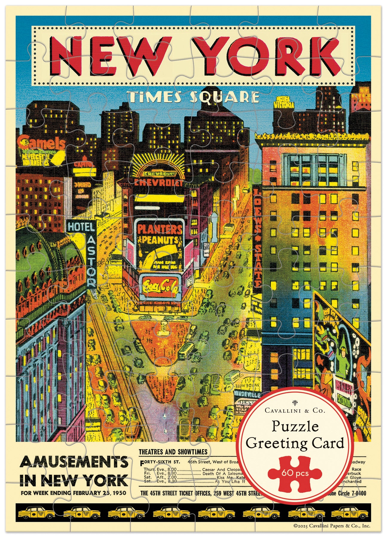 Colorful illustration of Times Square in New York on a puzzle card packaging.