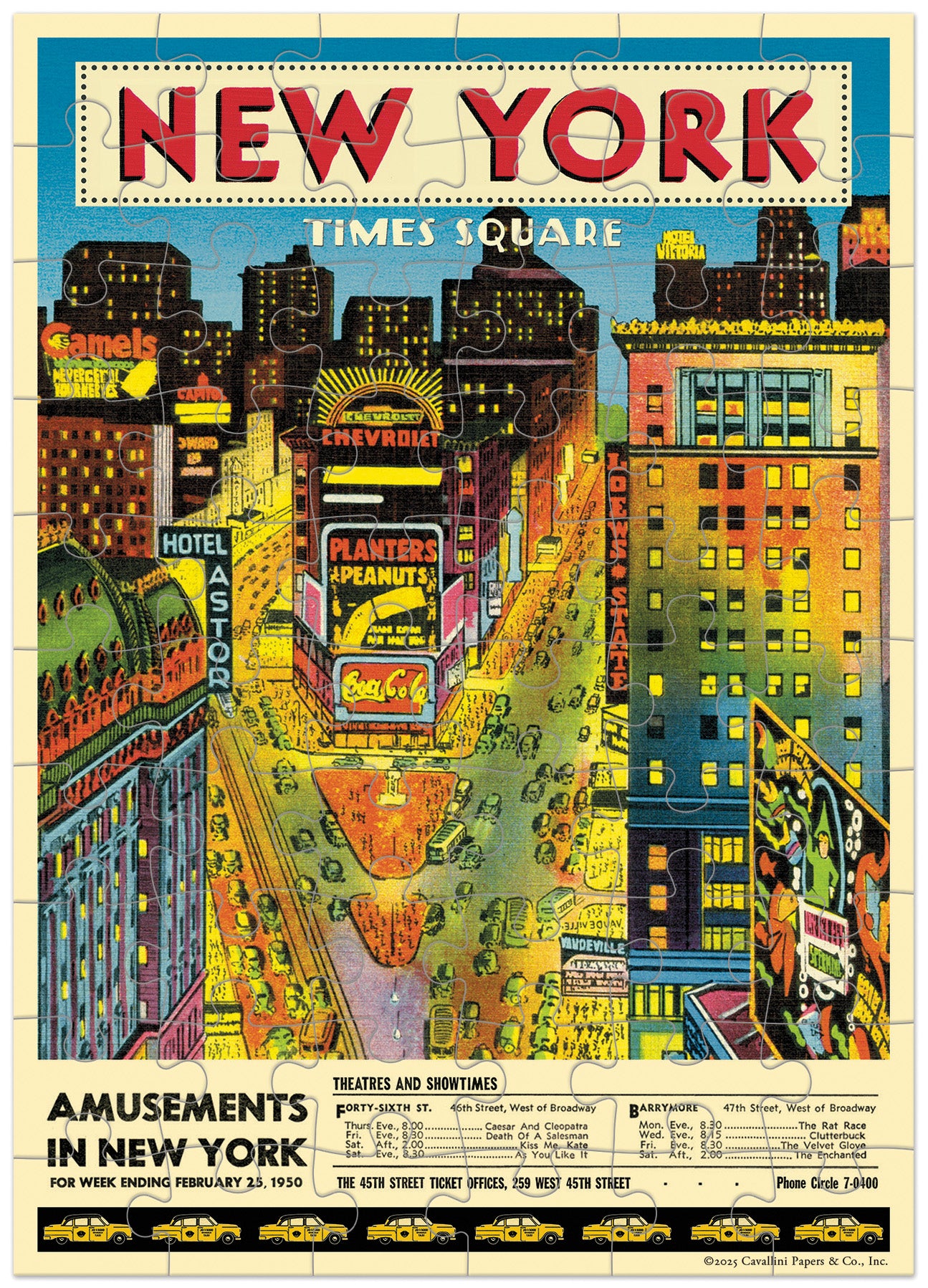 Colorful illustration of Times Square in New York with vintage advertisements.