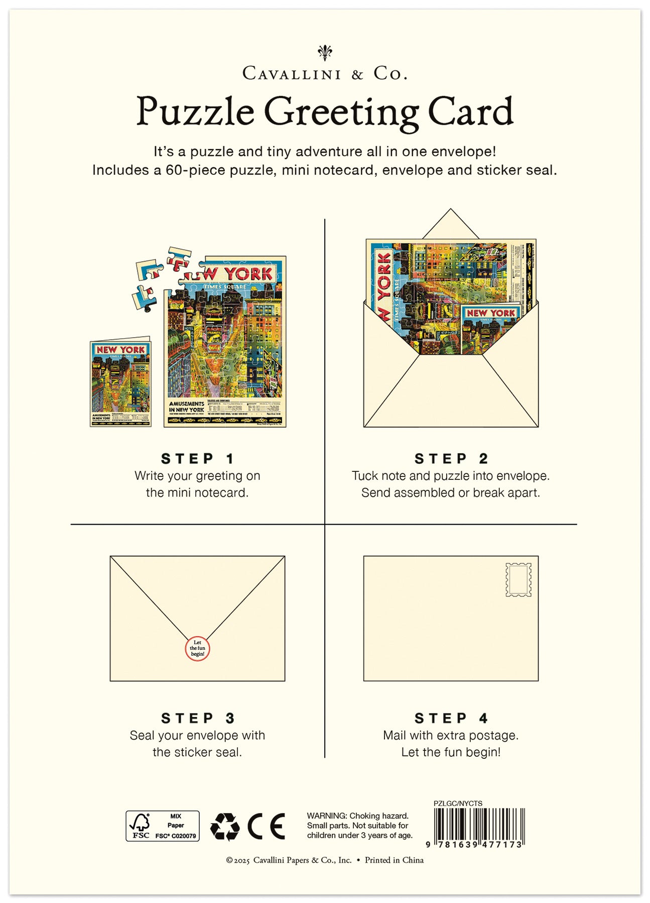 Cavallini & Co. Puzzle Greeting Card packaging with instructions and product images.