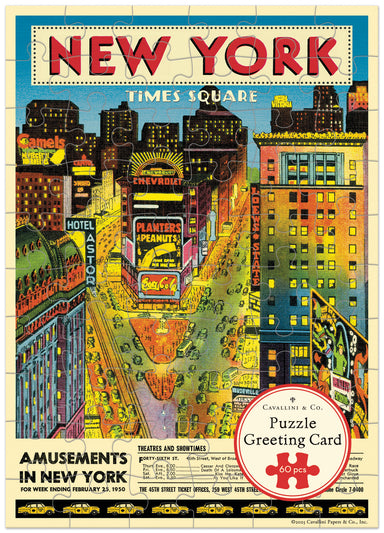 Colorful illustration of Times Square in New York on a puzzle card packaging.