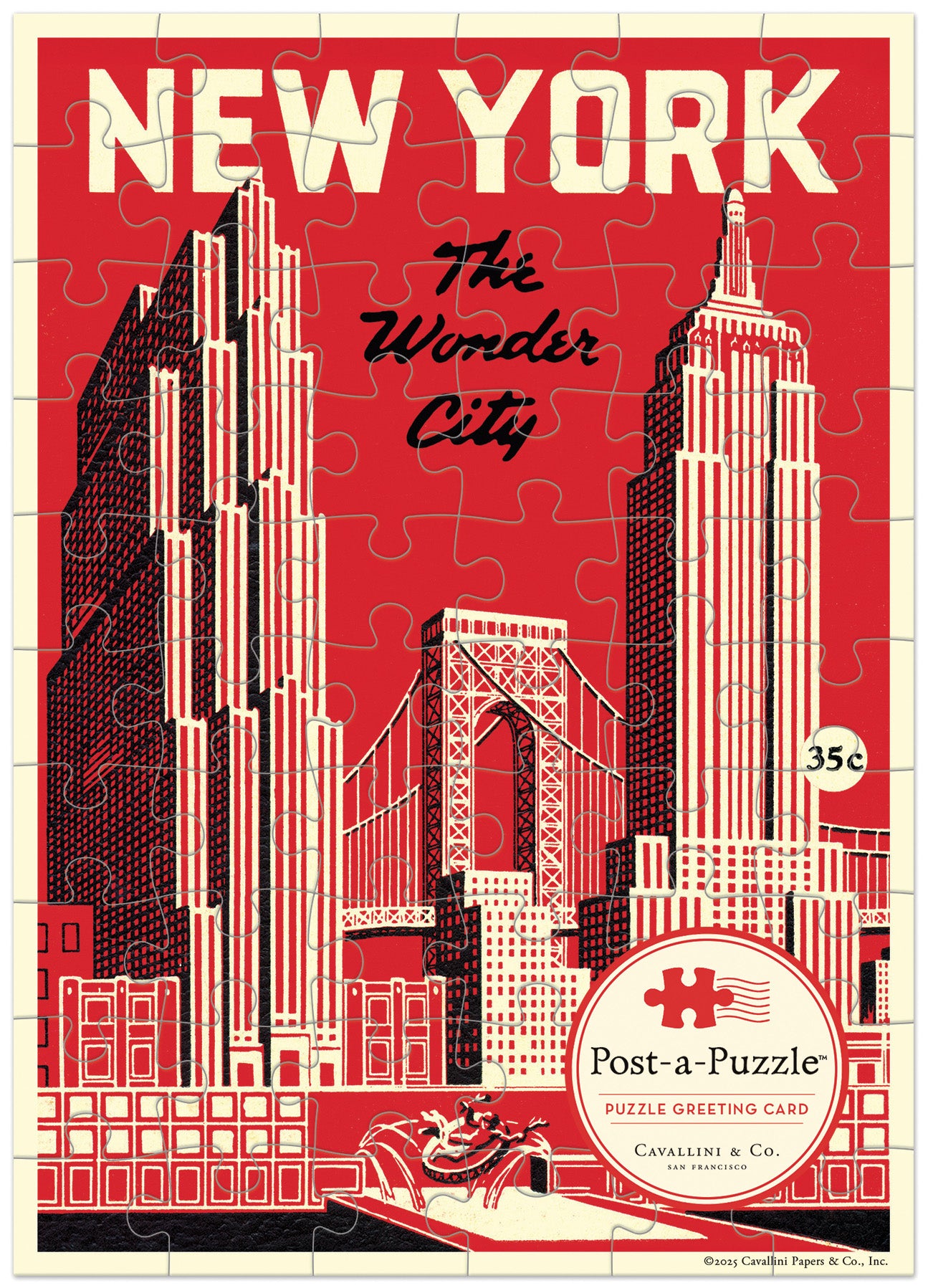 A vintage-style New York City puzzle greeting card featuring a red, cream, and black illustration of skyscrapers, the bridge, and the text 'NEW YORK The Wonder City.' A circular logo at the bottom reads 'Post-a-Puzzle' and 'Cavalini & Co.