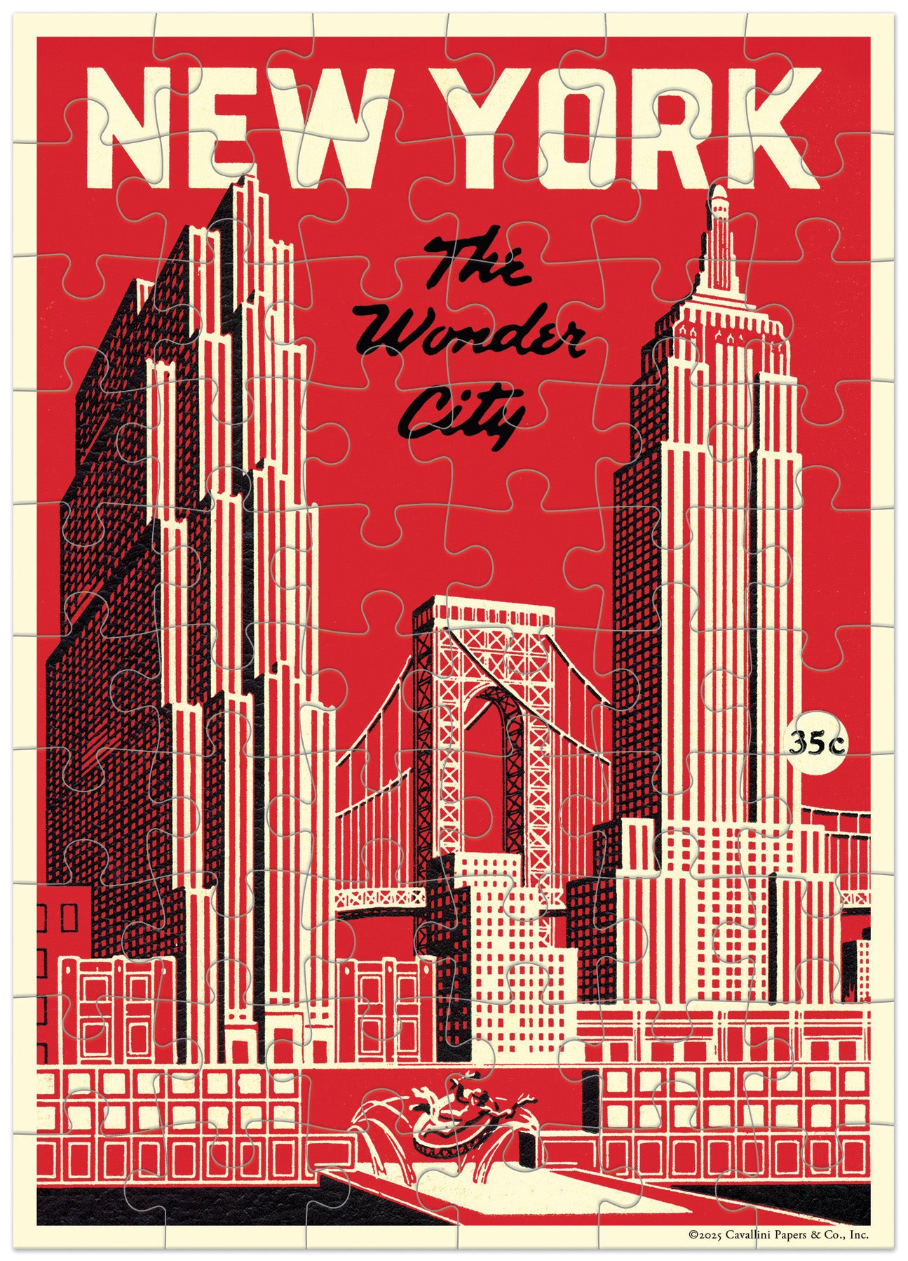 Cavallini & Co.  New York City- Wonder City Puzzle Greeting Card features a vintage ad image from New York City in red, cream, and black of skyscrapers, the bridge, and large 'NEW YORK' text at the top.