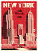 Cavallini & Co.  New York City- Wonder City Puzzle Greeting Card features a vintage ad image from New York City in red, cream, and black of skyscrapers, the bridge, and large 'NEW YORK' text at the top.