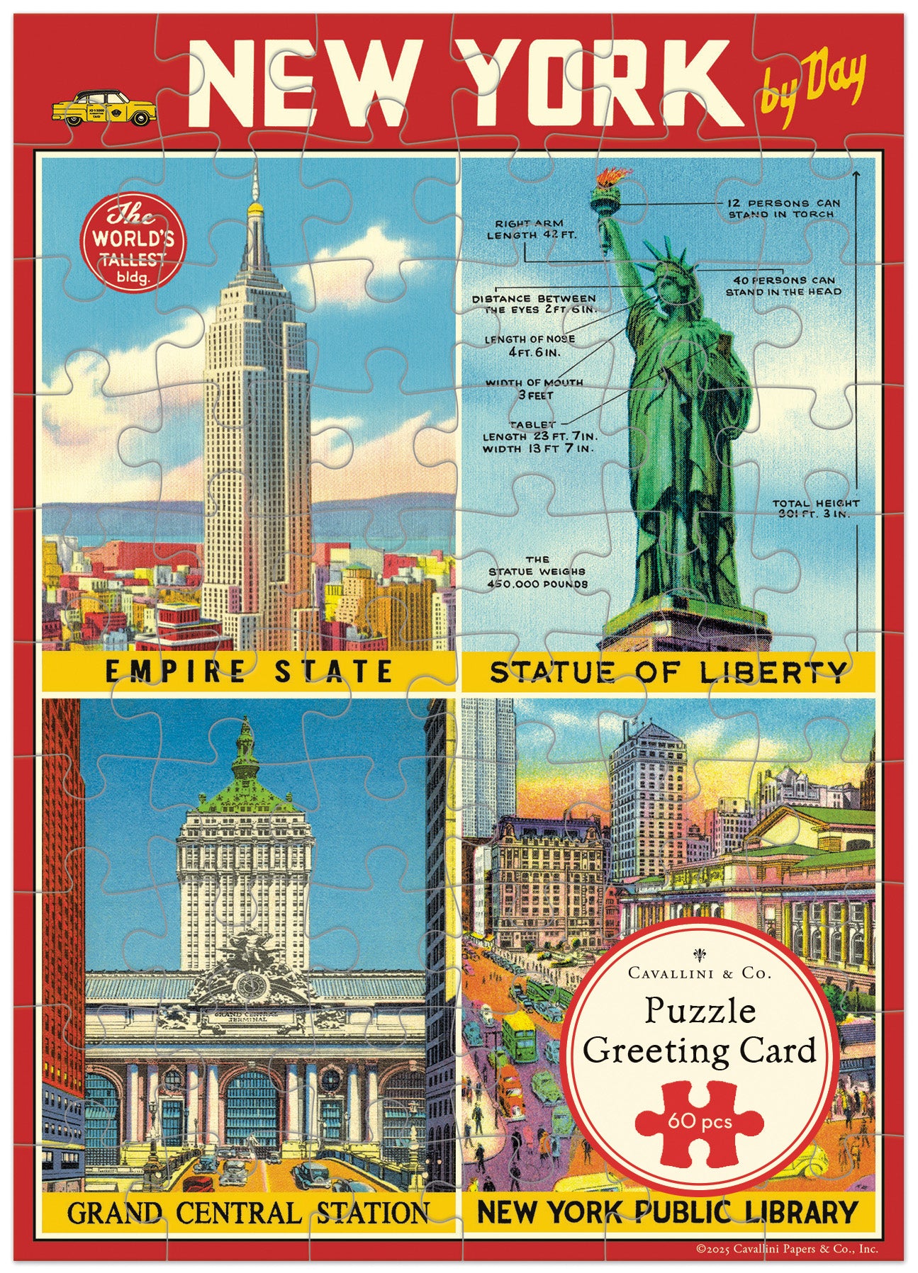 Cavallini & Co.  New York City Puzzle Greeting Card- Puzzle card packaging featuring images of New York landmarks with text and branding.