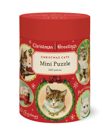 Cavallini & Co. Christmas Cats 240 Piece Mini Puzzle- image showing red cylindrical puzzle box with Christmas-themed cat illustrations on a white background
