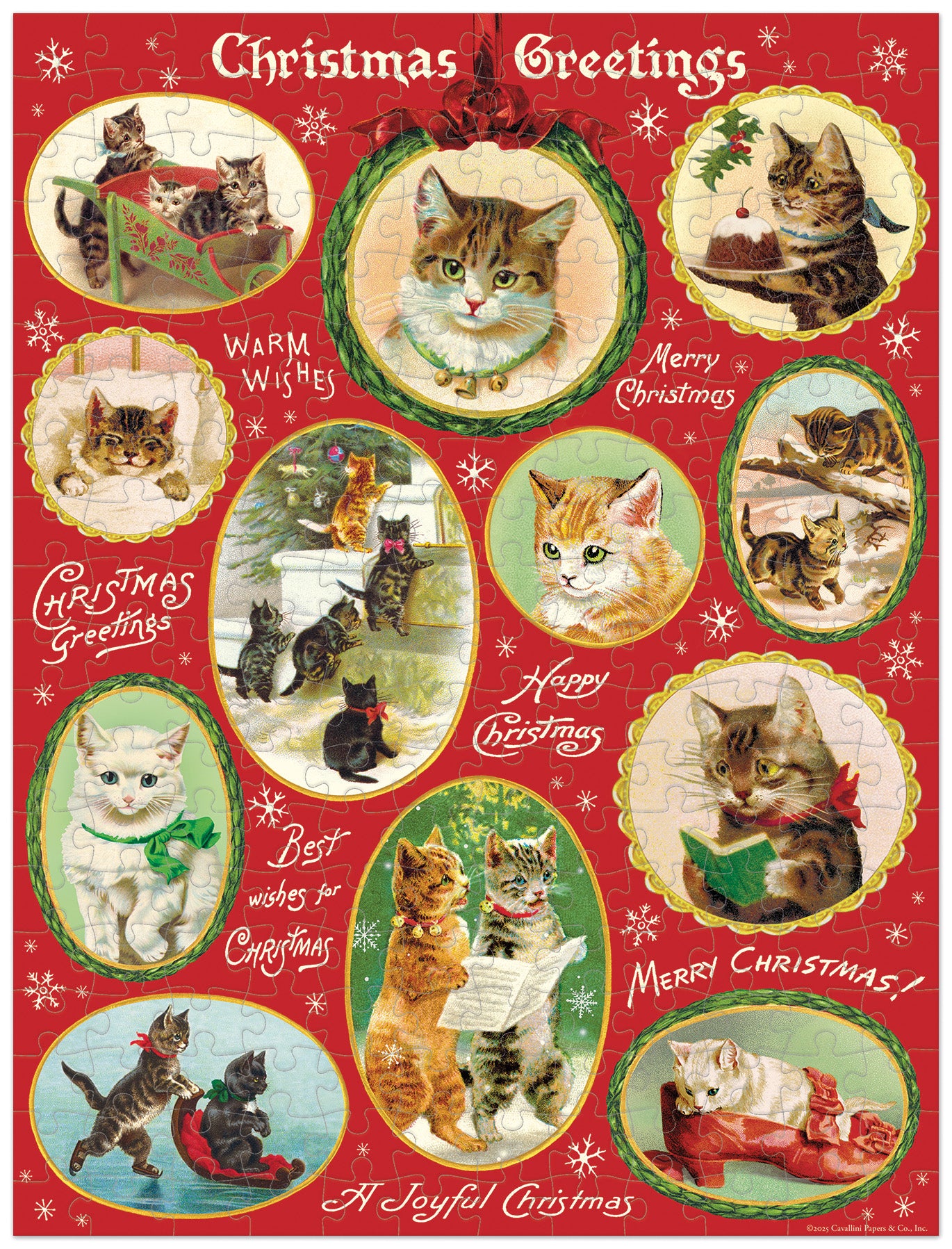 Cavallini & Co. Christmas Cats 240 Piece Mini Puzzle image showing completed puzzle