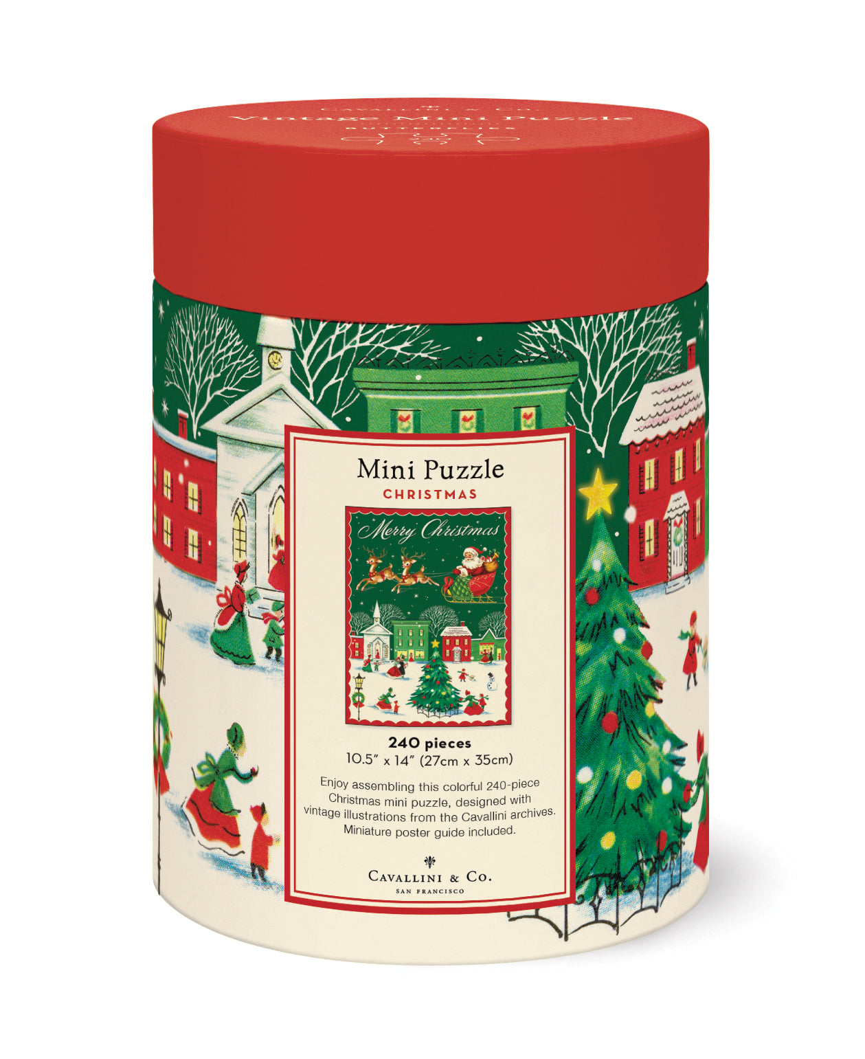 Cavallini & Co. Christmas 240 Piece Mini Puzzle- cylindrical puzzle box with Christmas-themed design on a white background