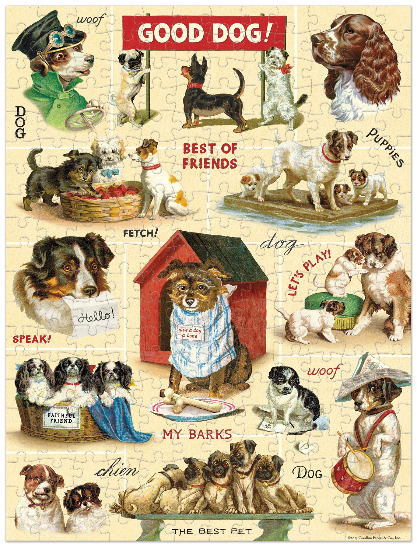 Cavallini & Co. Vintage Dogs 240 Piece Mini Puzzle- image showing finished puzzle.