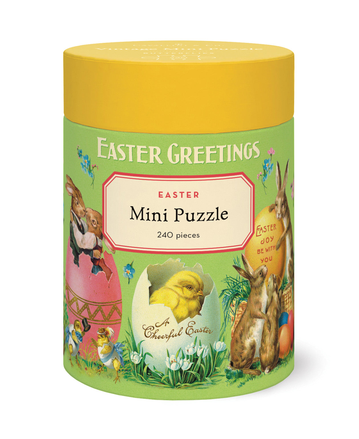 Easter Mini Puzzle in a cylindrical tin container with a yellow lid and a green illustrated label featuring bunnies, an egg, a chick, and floral Easter motifs.