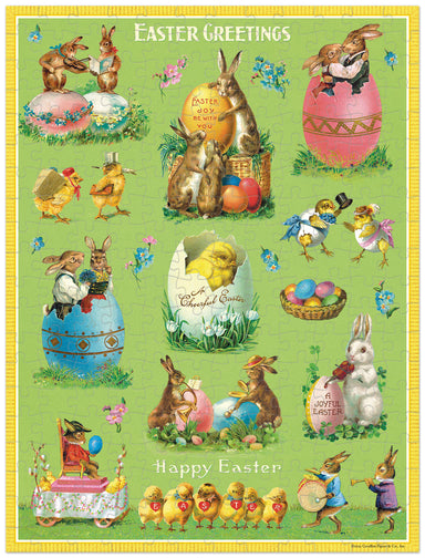 Cavallini & Co. Easter 240 Piece Mini Puzzle- image of finished puzzle with cartoon bunnies, chicks, and Easter eggs on a green background.