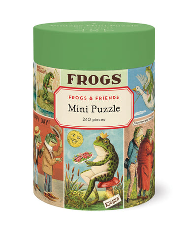 Cavallini & Co. Frogs & Friends 240 Piece Mini Puzzle comes in a cylindrical puzzle box with frog illustrations on a white background