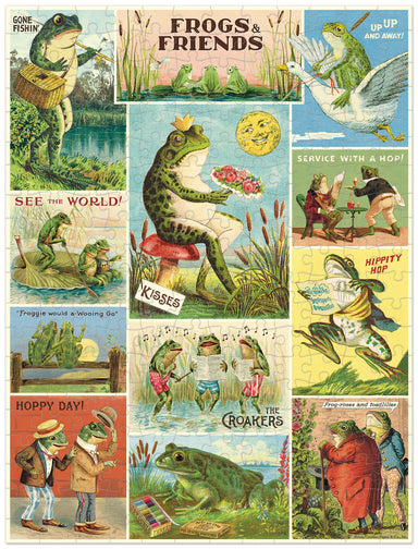 Cavallini & Co. Frogs & Friends 240 Piece Mini Puzzle finished puzzle- a collage of vintage-style frog-themed illustrations with text and images.