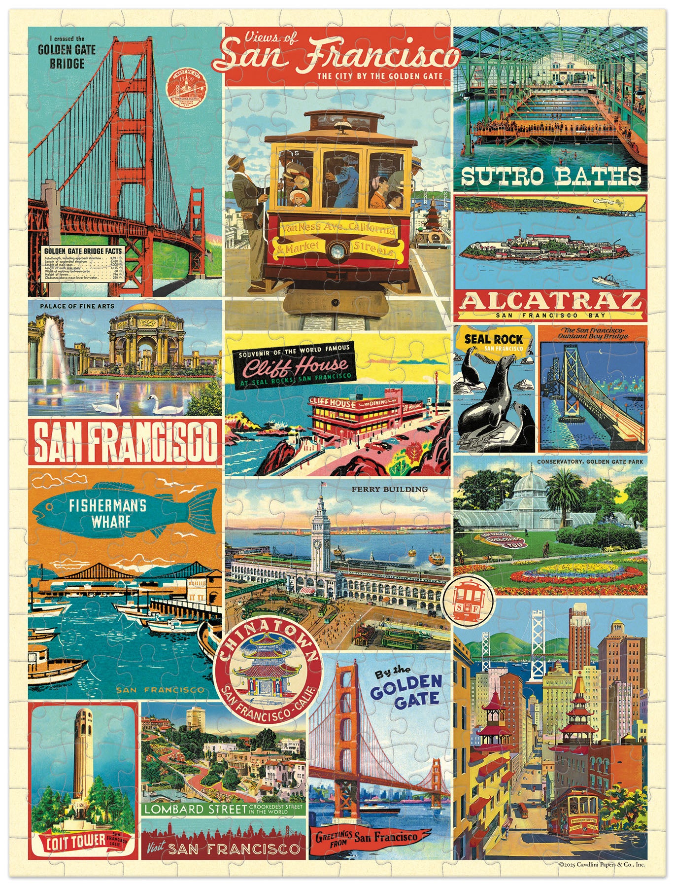 Cavallini & Co. San Francisco 240 Piece Mini Puzzle- finished puzzle image showing vintage San Francisco advertising images