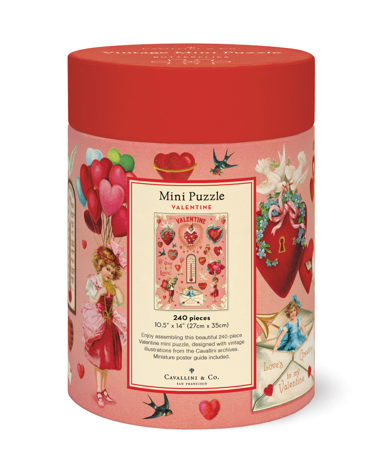 Cavallini & Co. Valentine 240 Piece Mini Puzzle- Cylindrical puzzle box with Valentine's Day theme and red lid