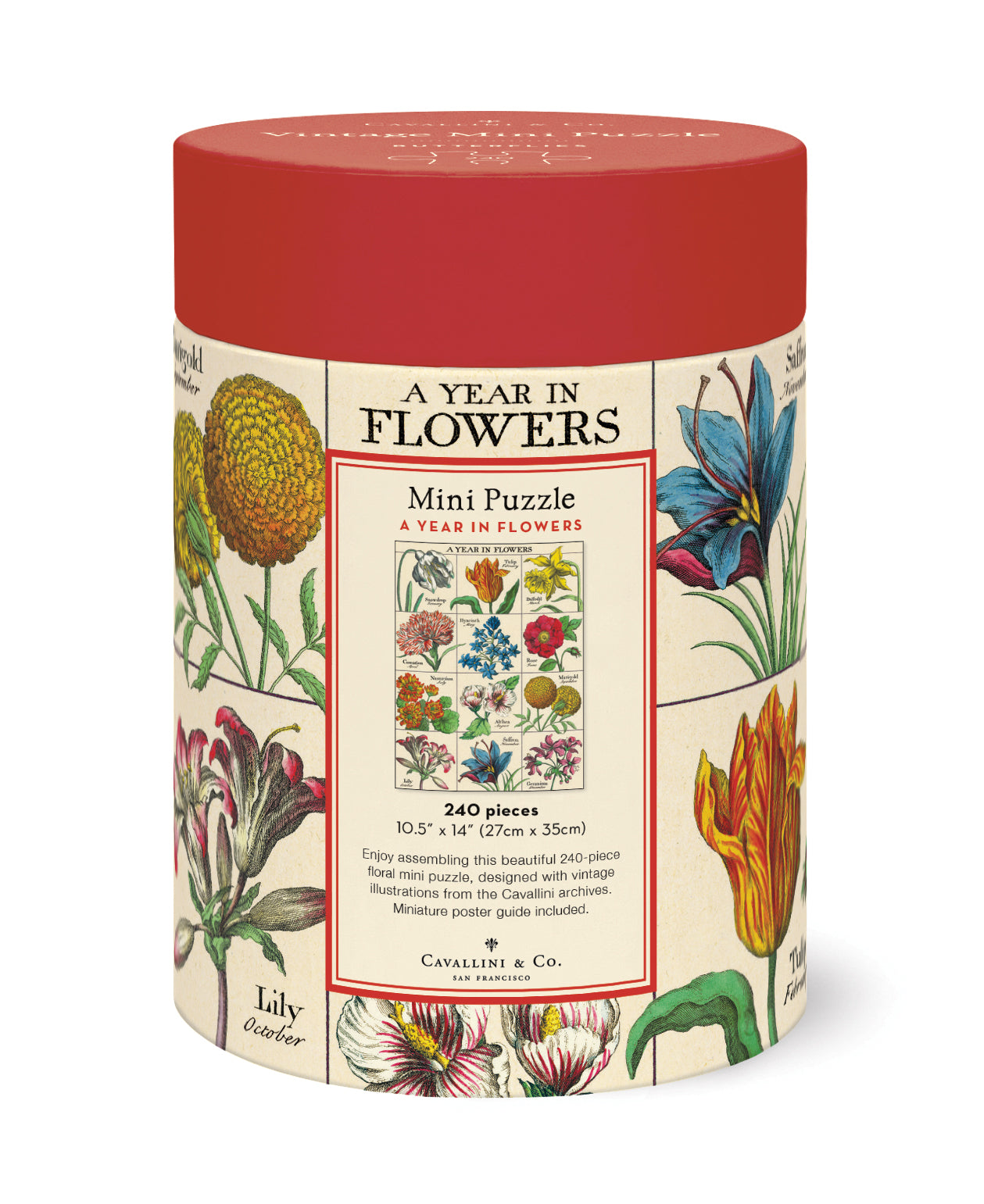  cylindrical puzzle box with floral design and text on a white background
