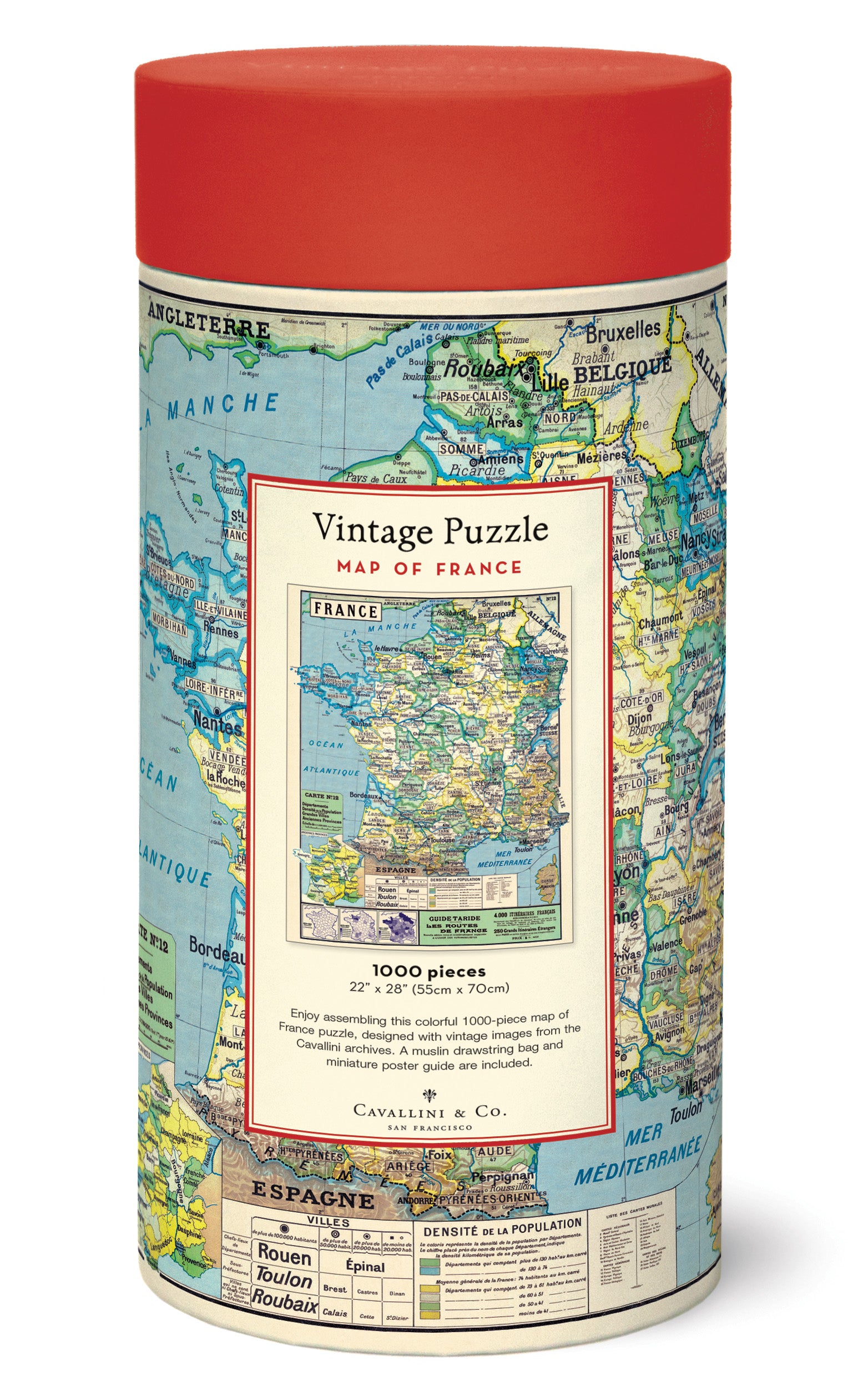 Cavallini & Co. Map of France 1000 Piece Puzzle- image of back of puzzle package, a cylindrical container with a vintage map design and red lid