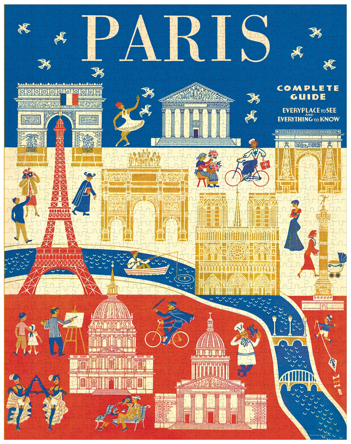 Cavallini & Co. Paris 1000 Piece Puzzle- finished puzzle image showing  Paris with landmarks and people on a blue and red background