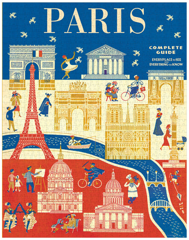 Cavallini & Co. Paris 1000 Piece Puzzle- finished puzzle image showing  Paris with landmarks and people on a blue and red background