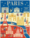 Cavallini & Co. Paris 1000 Piece Puzzle- finished puzzle image showing  Paris with landmarks and people on a blue and red background