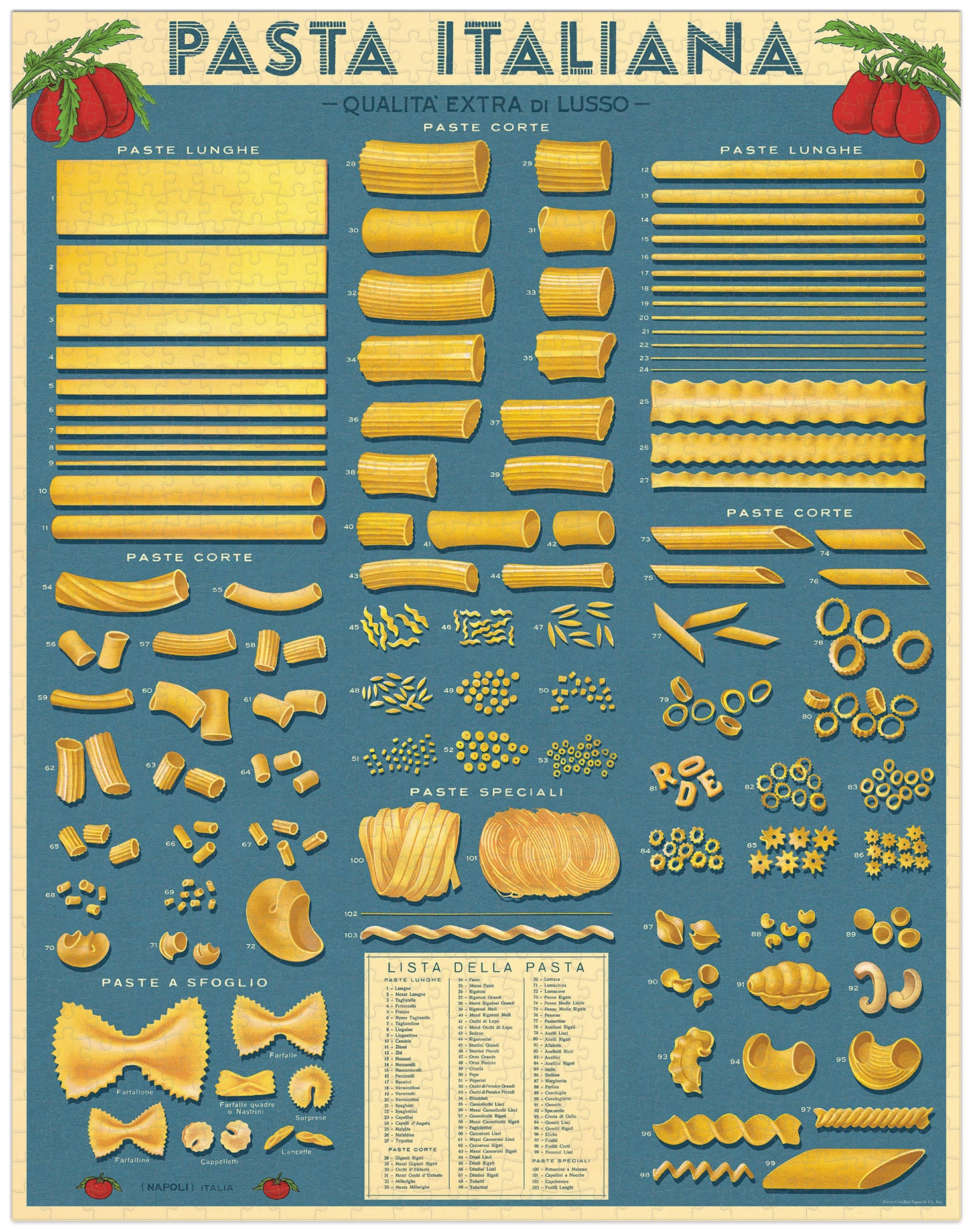 Cavallini & Co. Pasta Italiana 1000 Piece Puzzle- a chart of various types of pasta on a blue background