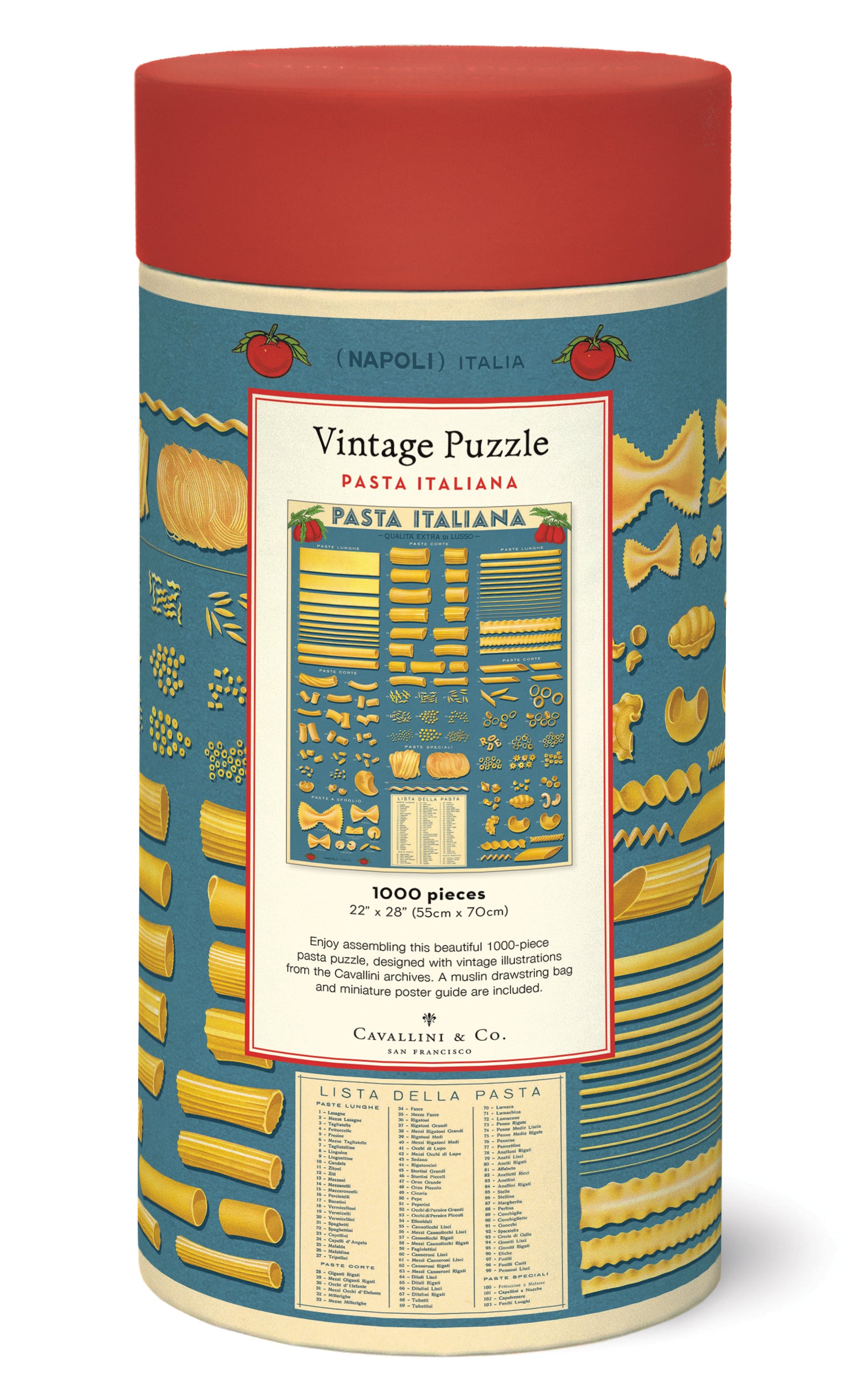Cavallini & Co. Pasta Italiana 1000 Piece Puzzle comes in a cylindrical puzzle box with vintage pasta illustration on a white background