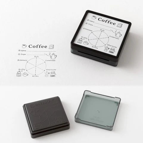 Midori Stamp Pad- Coffee shown open , with stamped example on paper.