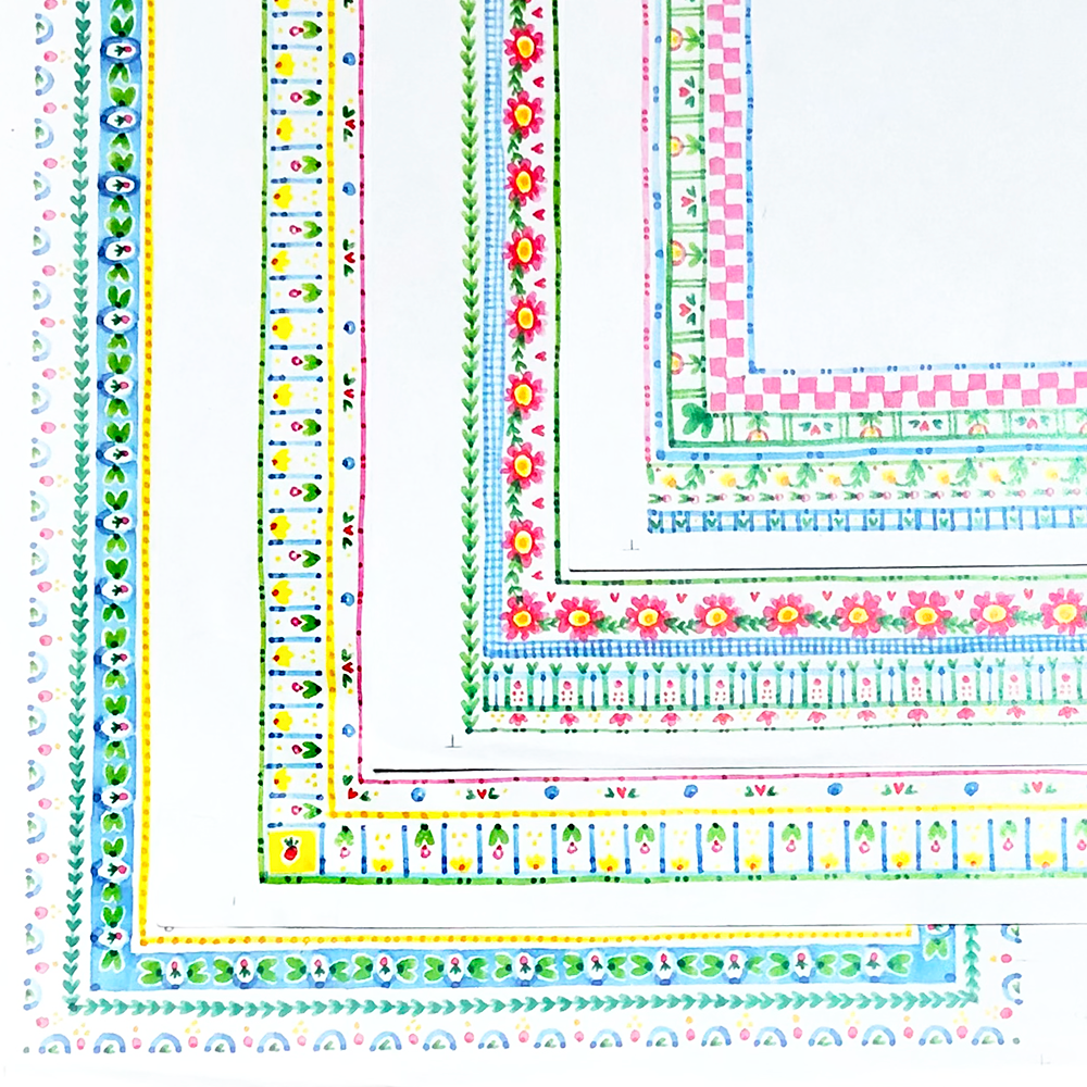 Collection of colorful patterned borders on a white background