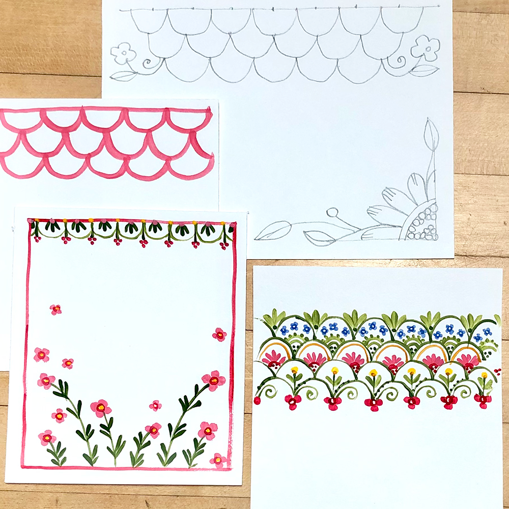 Set of floral and decorative border designs on a wooden surface showing basic steps in progress