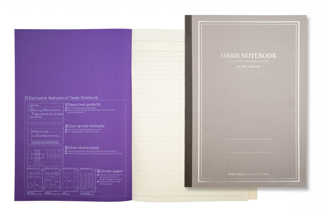 ProFolio Oasis Notebook-  new purple and grey colors.  Image shows an open purple notebook and a grey notebook cover, with the cover labeled OASIS NOTEBOOK.