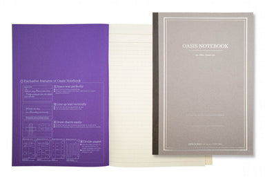 ProFolio Oasis Notebook-  new purple and grey colors.  Image shows an open purple notebook and a grey notebook cover, with the cover labeled OASIS NOTEBOOK.