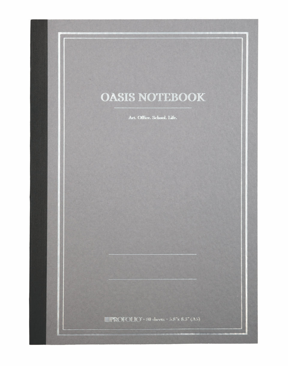 ProFolio Oasis Notebook-  a grey notebook with 'Oasis Notebook' branding on a white background