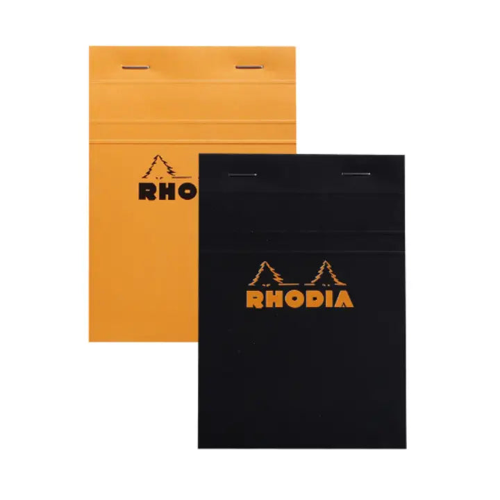 Rhodia Classic Notepad-  Lined- 5.75 x 8.25 inches- image shows Two Rhodia notebooks, one orange and one black, on a white background.
