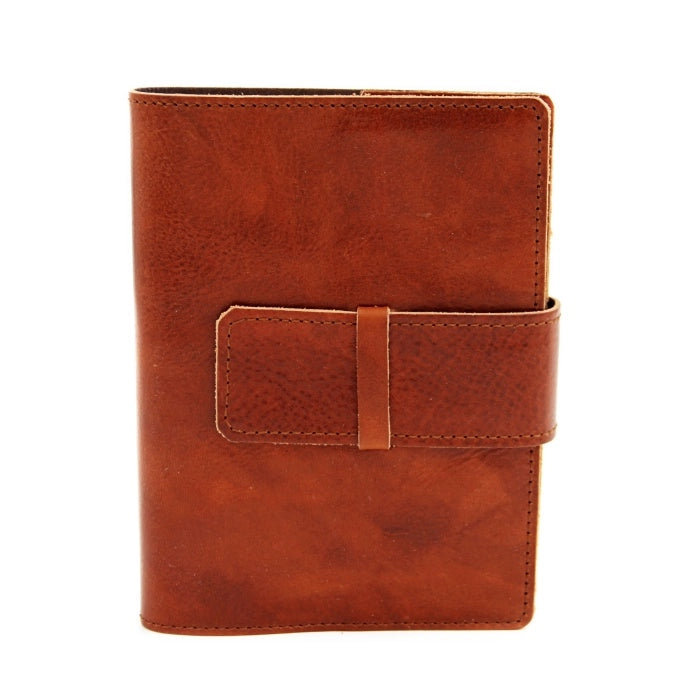Italian Leather Refillable Journal- 5x7 Inches-  Honey Brown leather journal  with a strap on a white background