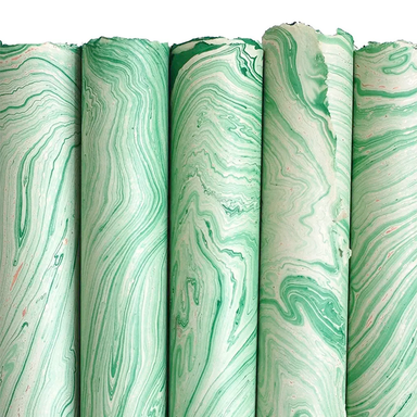 Handmade Marbled Paper- Mint Green with Cream and Gold 5 sheets rolled to show pattern variations