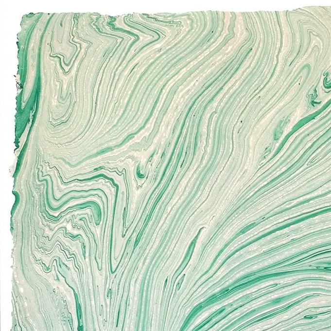 Handmade Marbled Paper- Mint Green with Cream and Gold with deckled edge