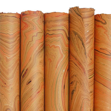 Handmade Marbled Paper- Orange with Green, Red, Gold 5 sheets rolled to show pattern variations