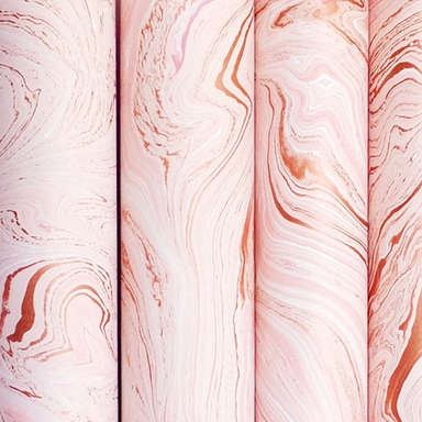 Marbled Paper- "Rose Gold" pale pink marbling with white and metallic copper highlights- detail of 4 rolled sheets