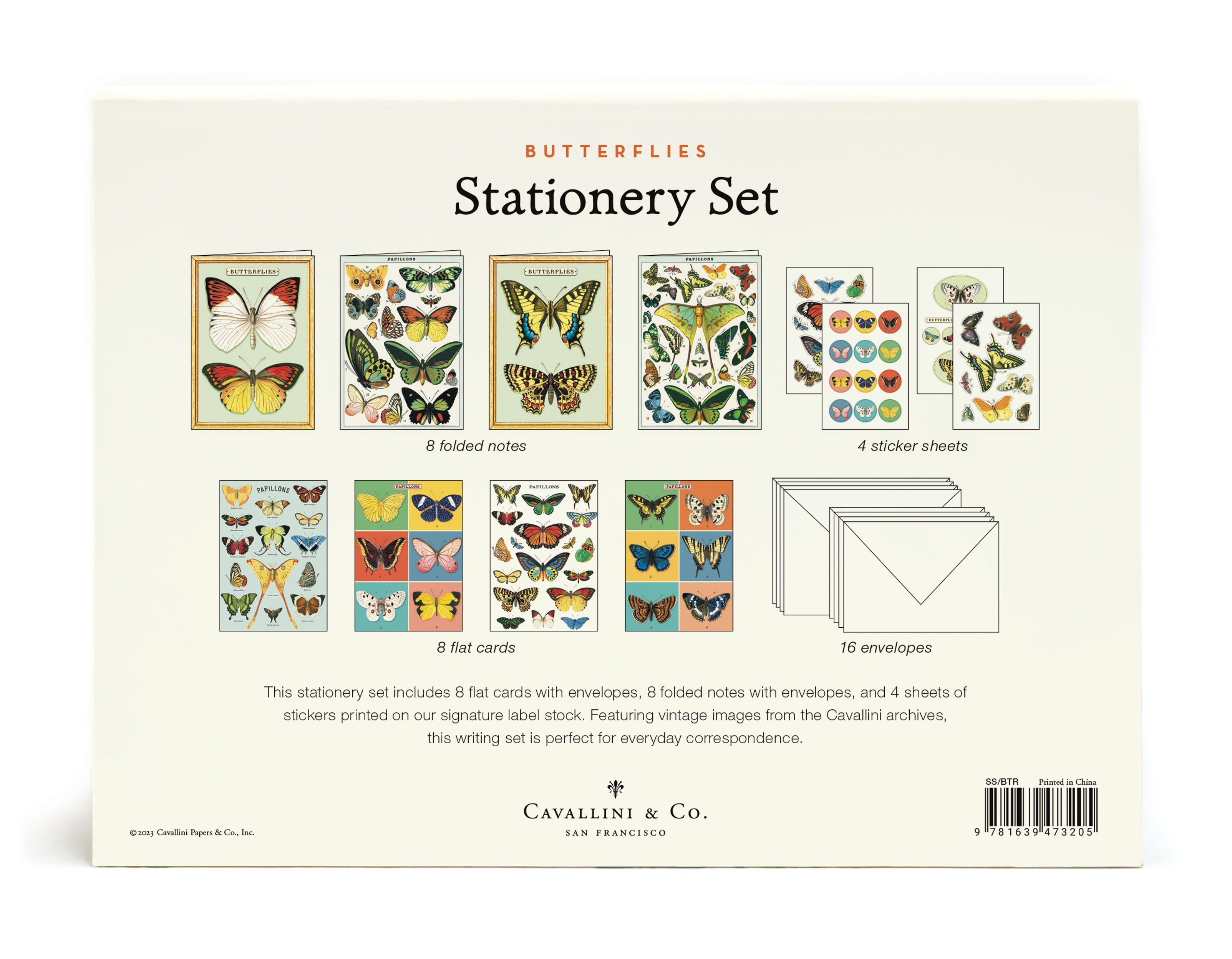 Cavallini & Co. Butterflies Stationery Set image of back of box showing full contents of set