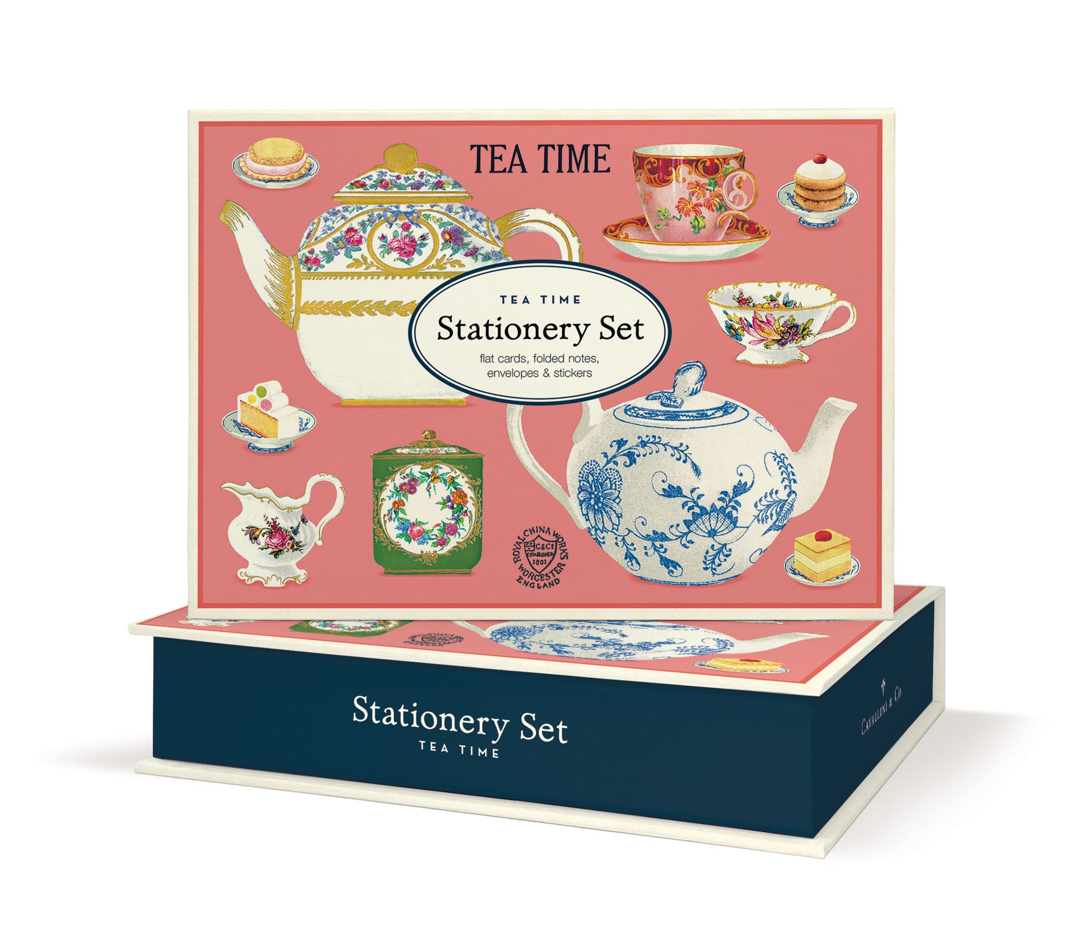 Tea time stationery set packaging with teapots and pastries on a pink background