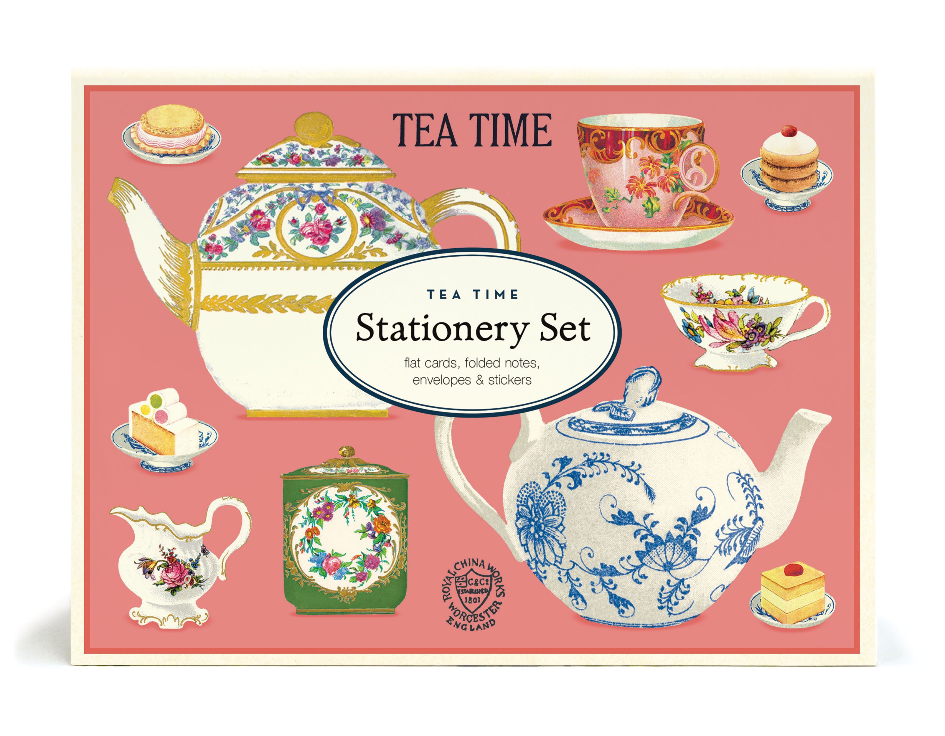 Tea time stationery set packaging with teapots and tea-related items on a pink background