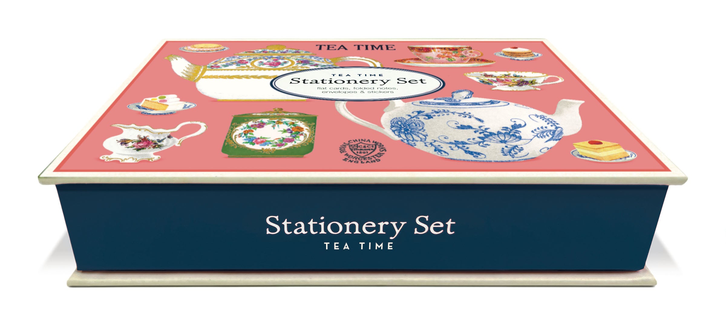 Stationery set packaging with tea-themed design on a white background