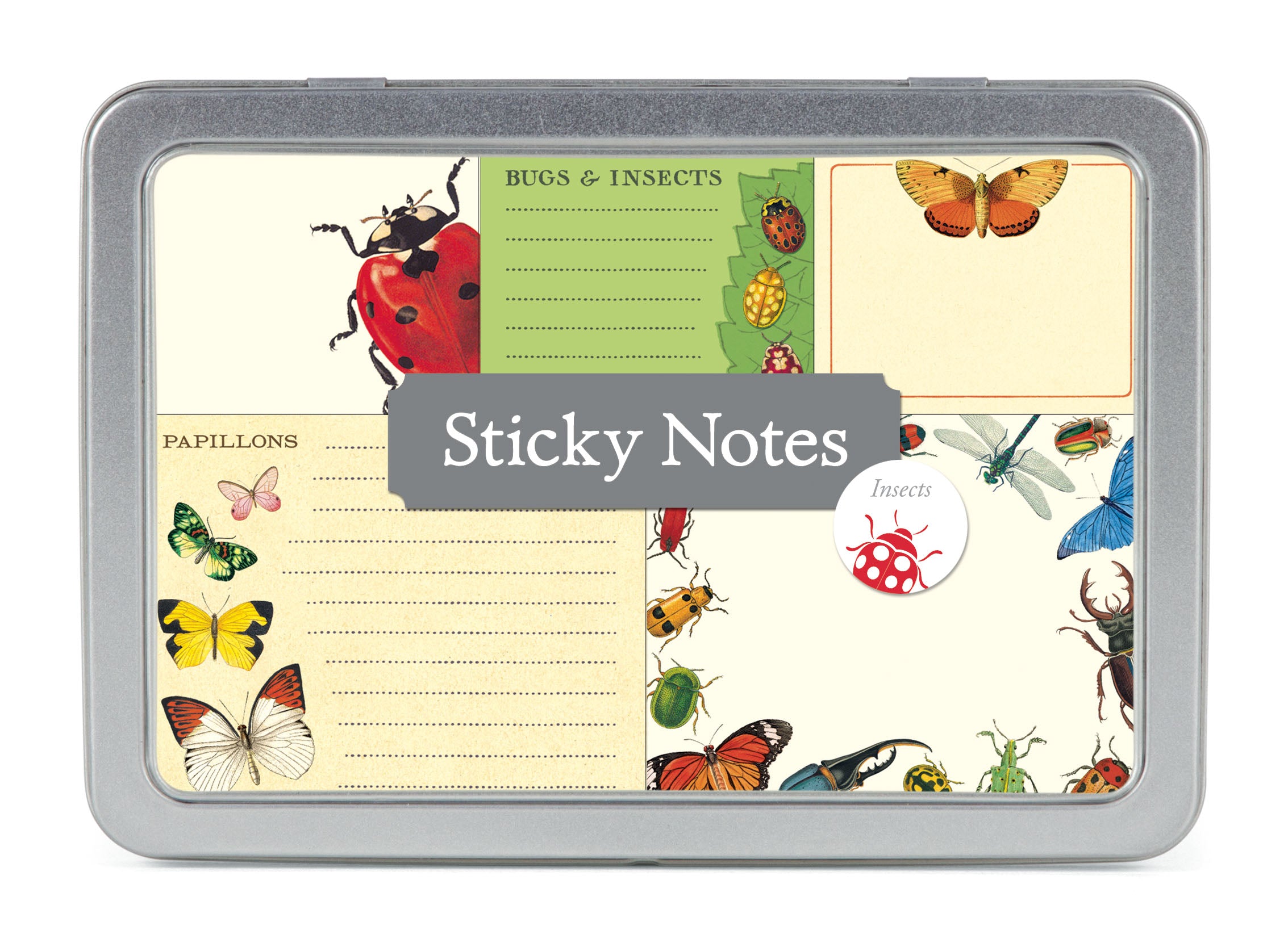 Cavallini & Co. Sticky Notes Tin- Bugs & Insects image showing tin with notes